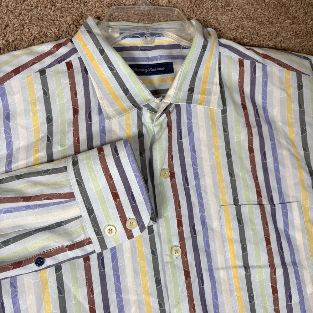 Tommy Bahama Mens XL Cotton Silk Striped Leaf Embroidered Button Down Shirt